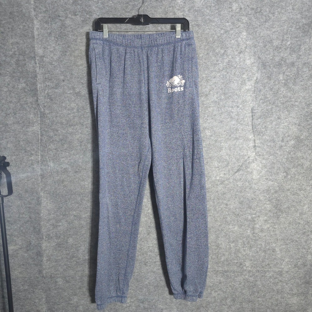 Roots Sweatpants Mens Medium Blue Heathered Logo Joggers Fleece Elastic Waist M